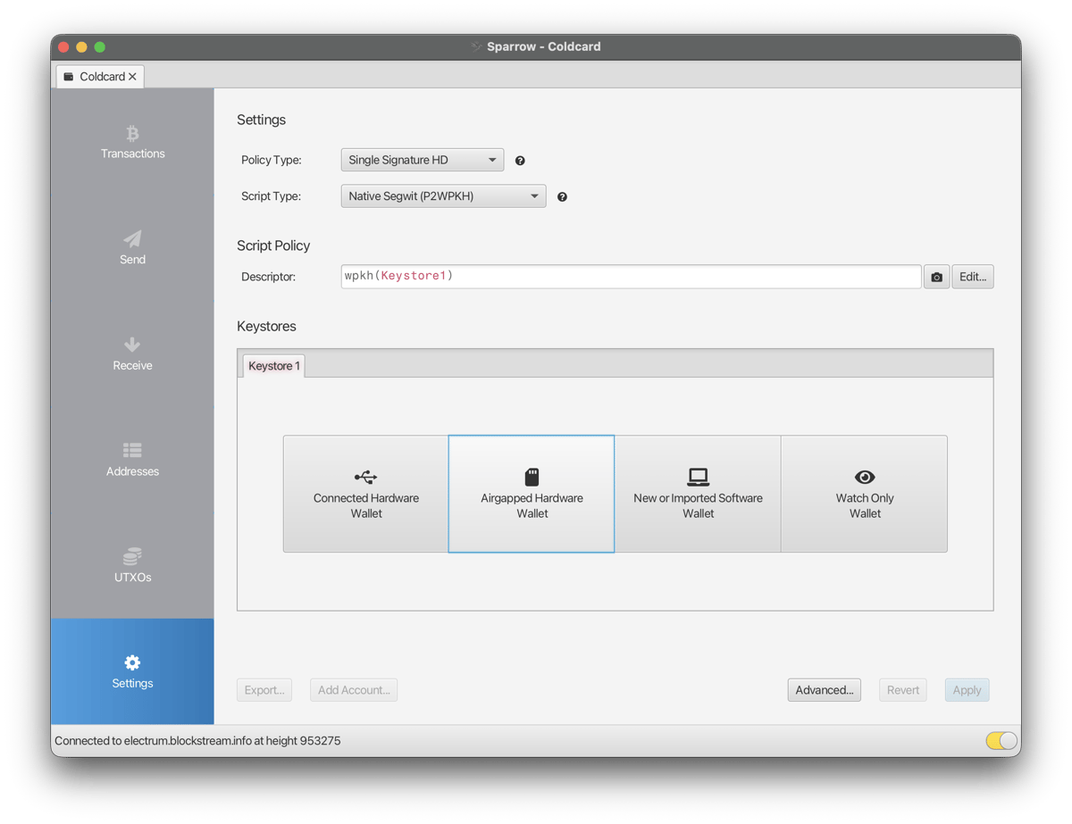 Coldcard and Sparrow Wallet Setup
