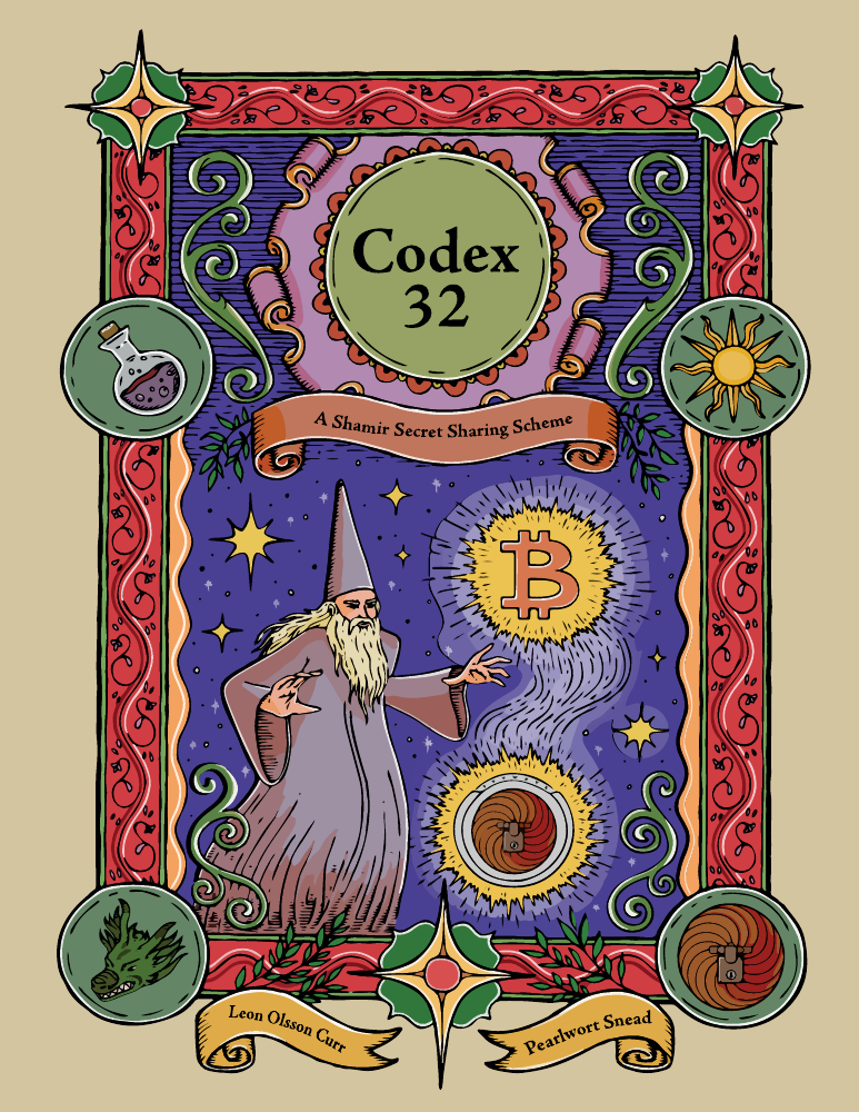 Illustrated Codex32 booklet cover showing a wizard and a Bitcoin symbol