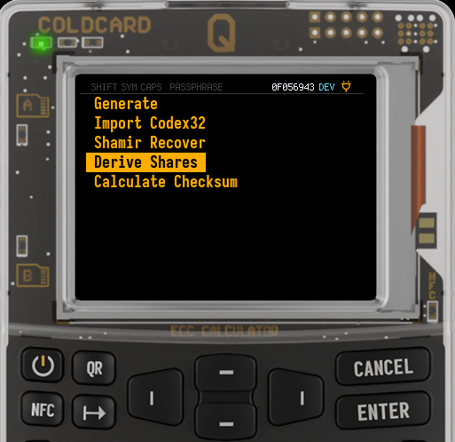 Q Codex32 submenu with Derive Shares selected