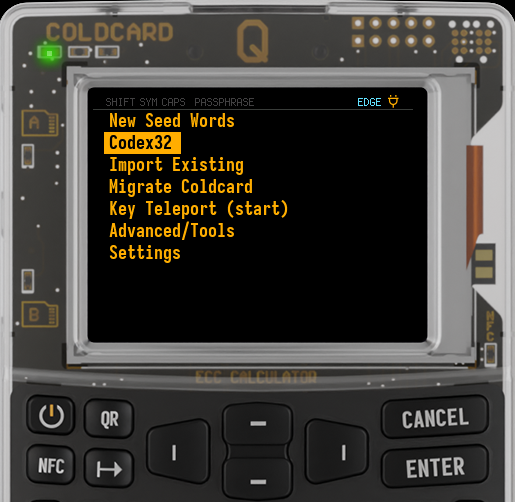 Codex32 selected on an empty COLDCARD Q