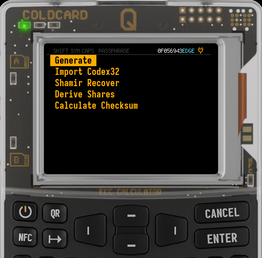 Q Codex32 submenu with Generate selected and Calculate Checksum available