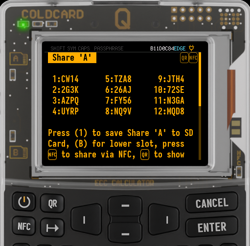 Q displaying a CW1 share from a 12-word wallet
