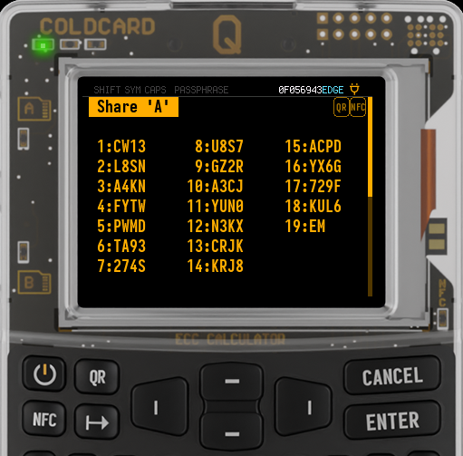 Q displaying a CW1 share from a 24-word wallet