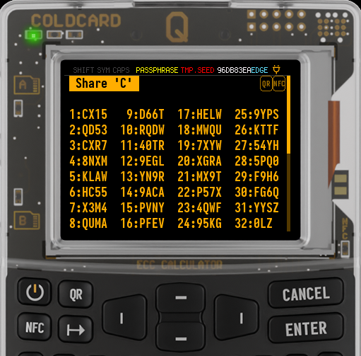 Q displaying CX1 share C as 32 numbered groups