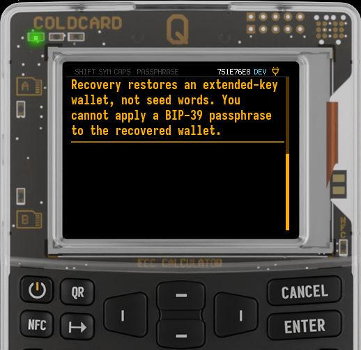 Q warning that CX1 restores an extended-key wallet without seed words or BIP-39 passphrase support