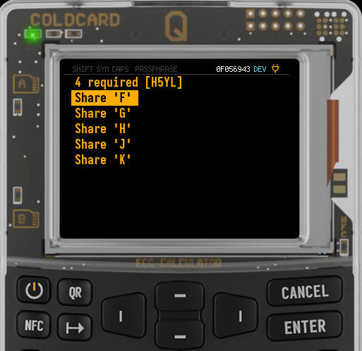 Q listing shares F, G, H, J, and K available to derive, with share F selected