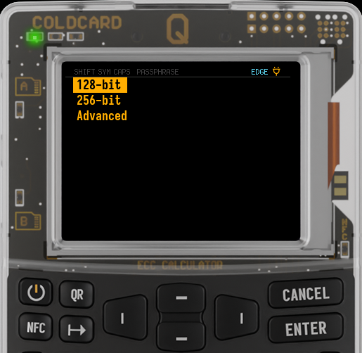 Q Codex32 generation menu with 128-bit and 256-bit options