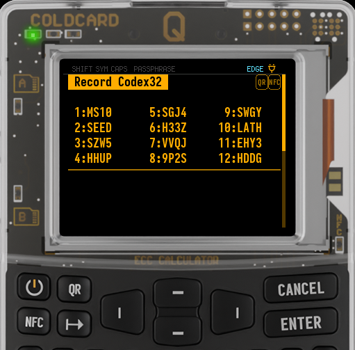 Q displaying a new 128-bit Codex32 secret in 12 numbered groups