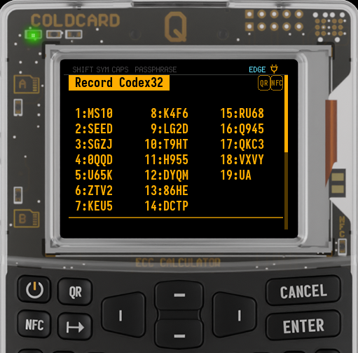 Q displaying a new 256-bit Codex32 secret in 19 numbered groups