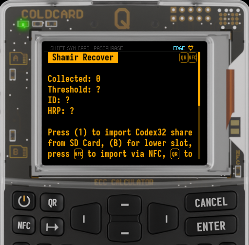 Q Shamir Recover screen waiting for its first share