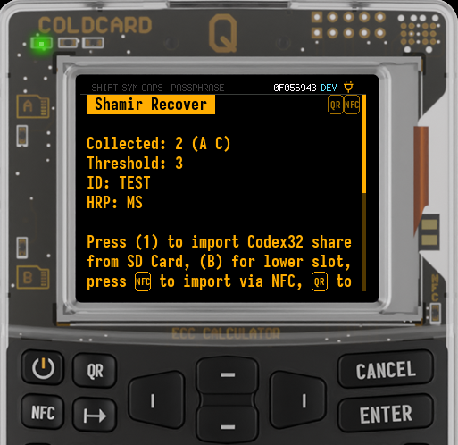 Q showing collected MS1 shares A and C, recovery threshold 3, set ID TEST, and HRP MS