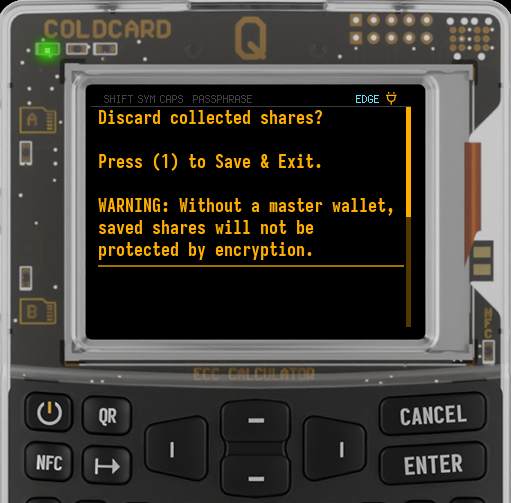 Q warning that saved shares are not encrypted without a master wallet
